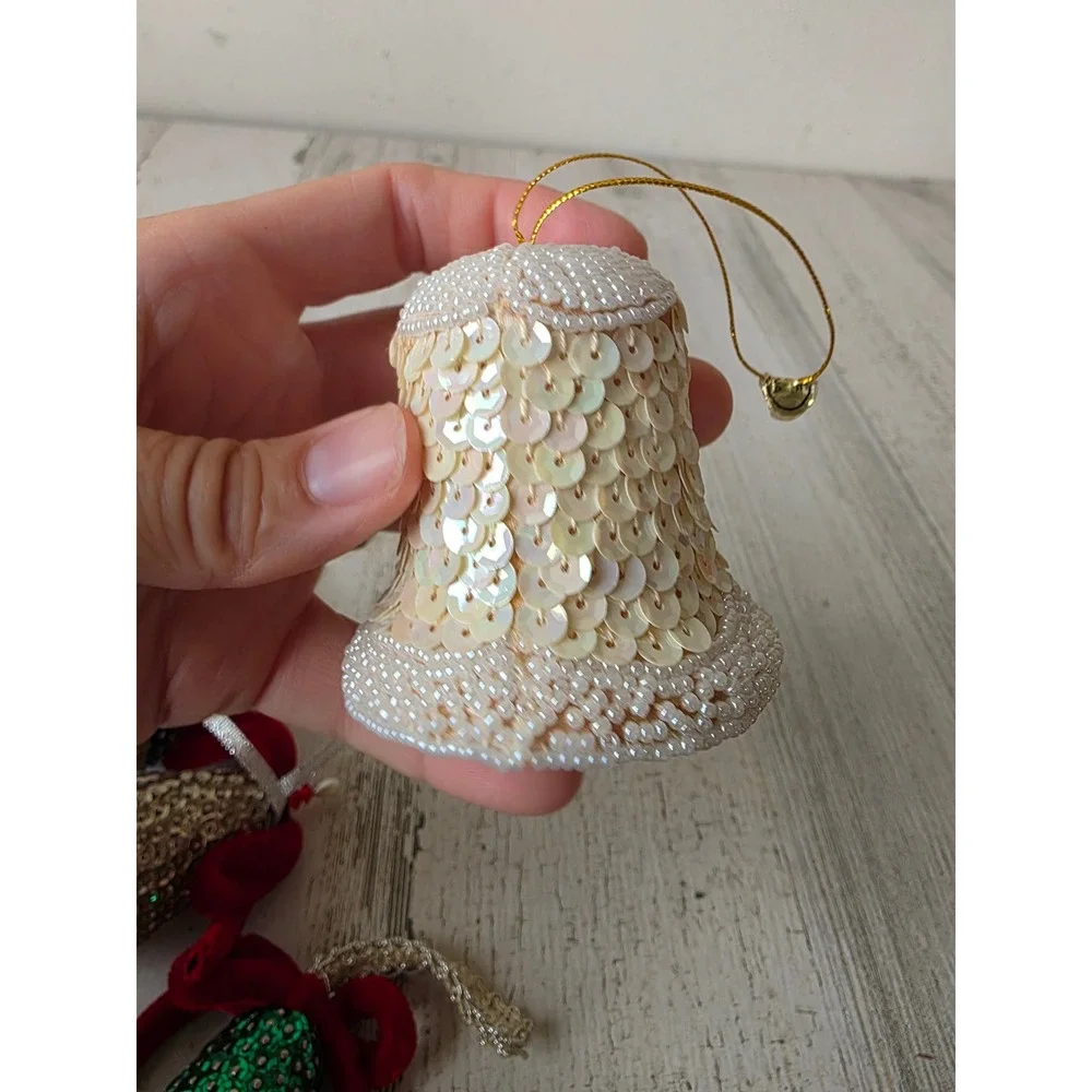 Vintage sequin push pin Bell ornament blue green